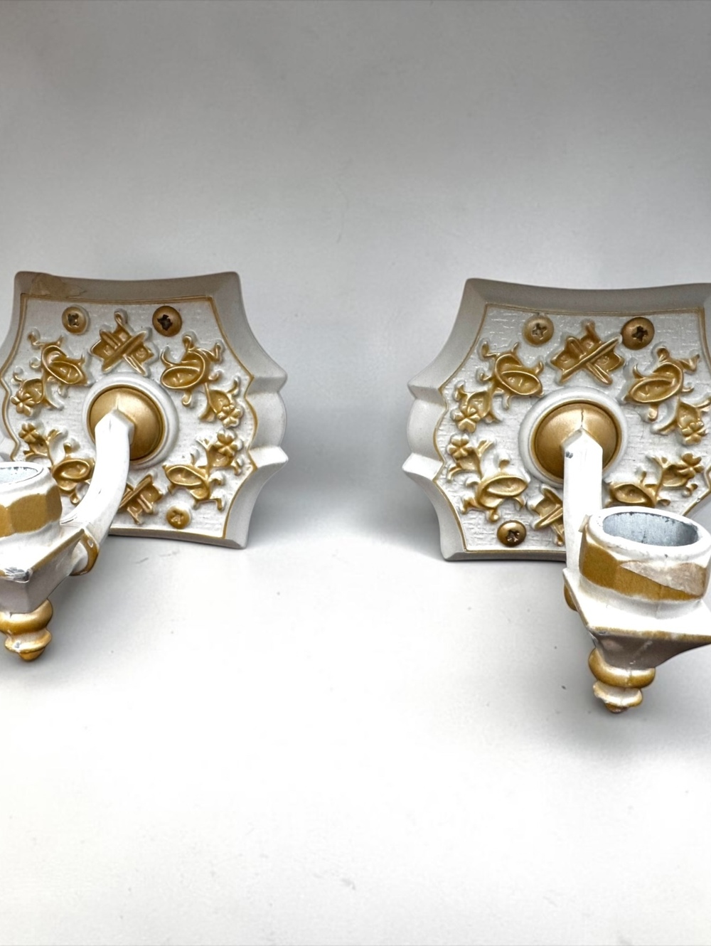 Pair of Vintage Hollywood Regency Wall Sconces, White and Gold Gilt Metal Candle